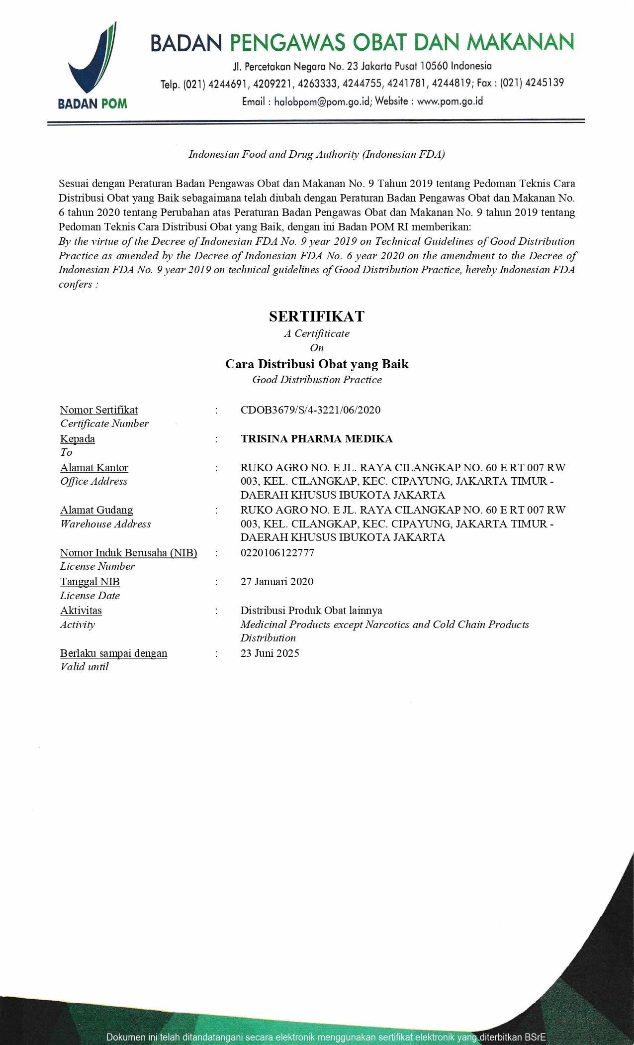 Good Distribution Practice (GDP/CDOB) Certificate