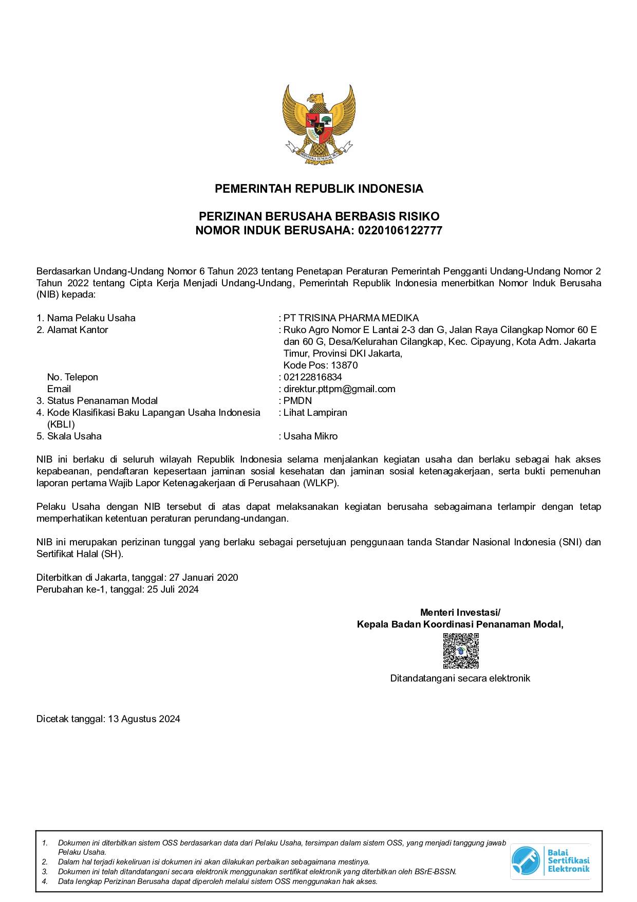Business Identification Number (NIB)